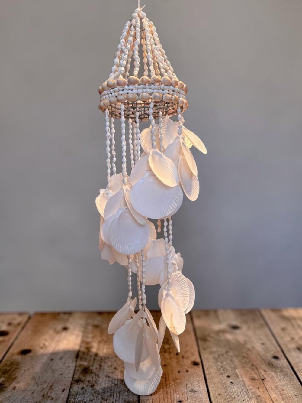 Handmade Coastal Seashell Wind Chime With White Shells & Beads For Tropical Beac